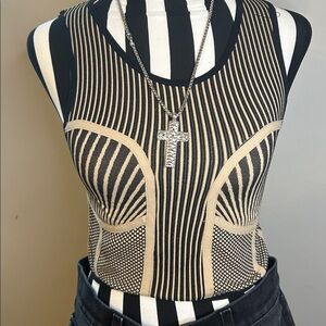 Striped Black and Cream Women's Top & chain denim shorts